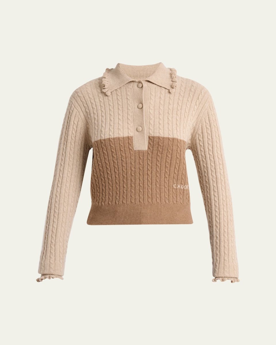 Ruffled Cable-Knit Bicolor Pullover